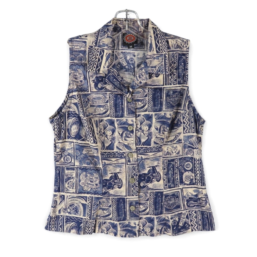 HARLEY DAVIDSON Blue Biker Hawaiian BATIK PRINT Sleeveless Button-Up Shirt Top M